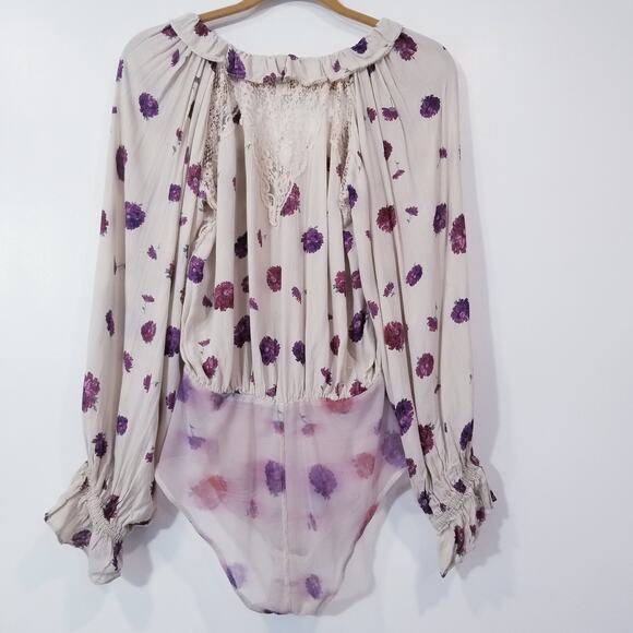 Intimately Free People Floral Print Ruffle Lace Bodysuit Blouse Long Sleeves - Picture 5 of 16